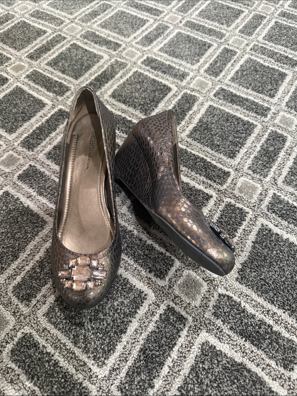 BCBGMaxAzria Bronze Snake-Print Wedge Pumps with Jeweled Accent